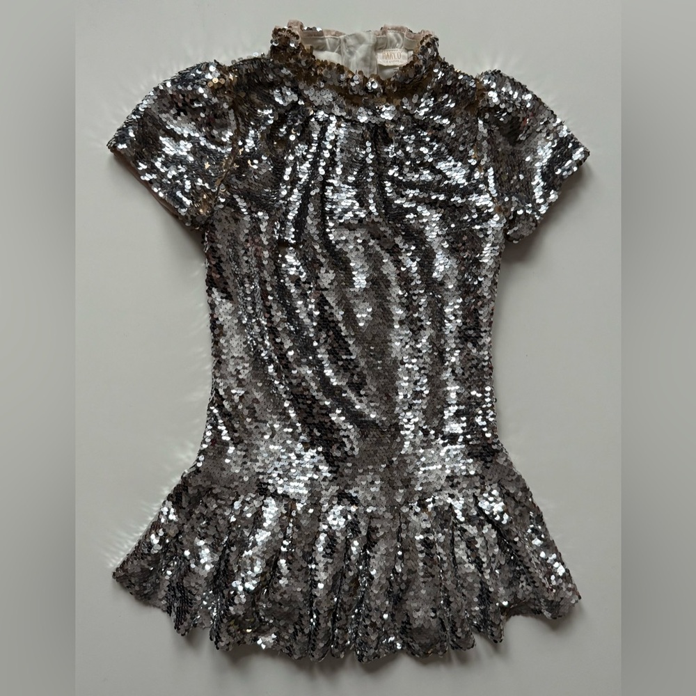 Marlo Girls Silver Sparkle Sequin High-Neck Pleated-Hem Dress - Size 5-6Y